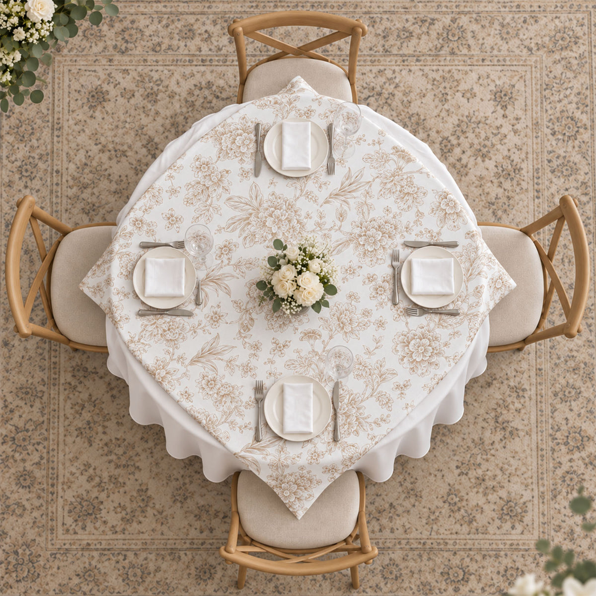 Polyester 70"x70" Table Overlay White - Taupe French Toile Pattern for Stylish Events
