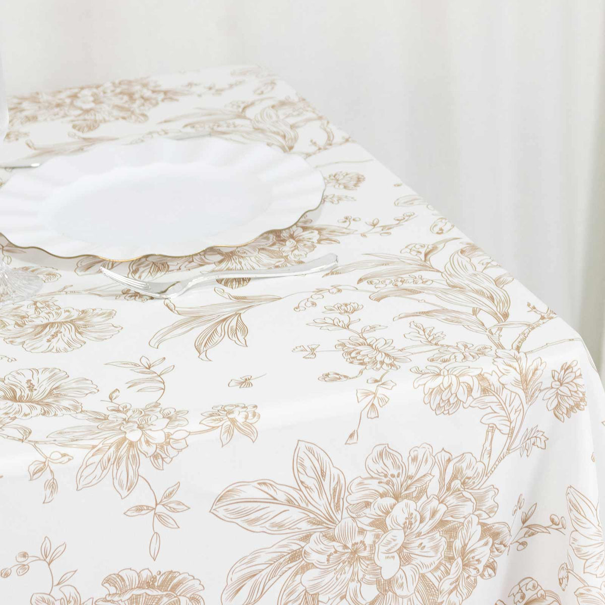 Polyester 70"x70" Square Tablecloth White - Taupe French Toile Pattern for Elegant Occasions