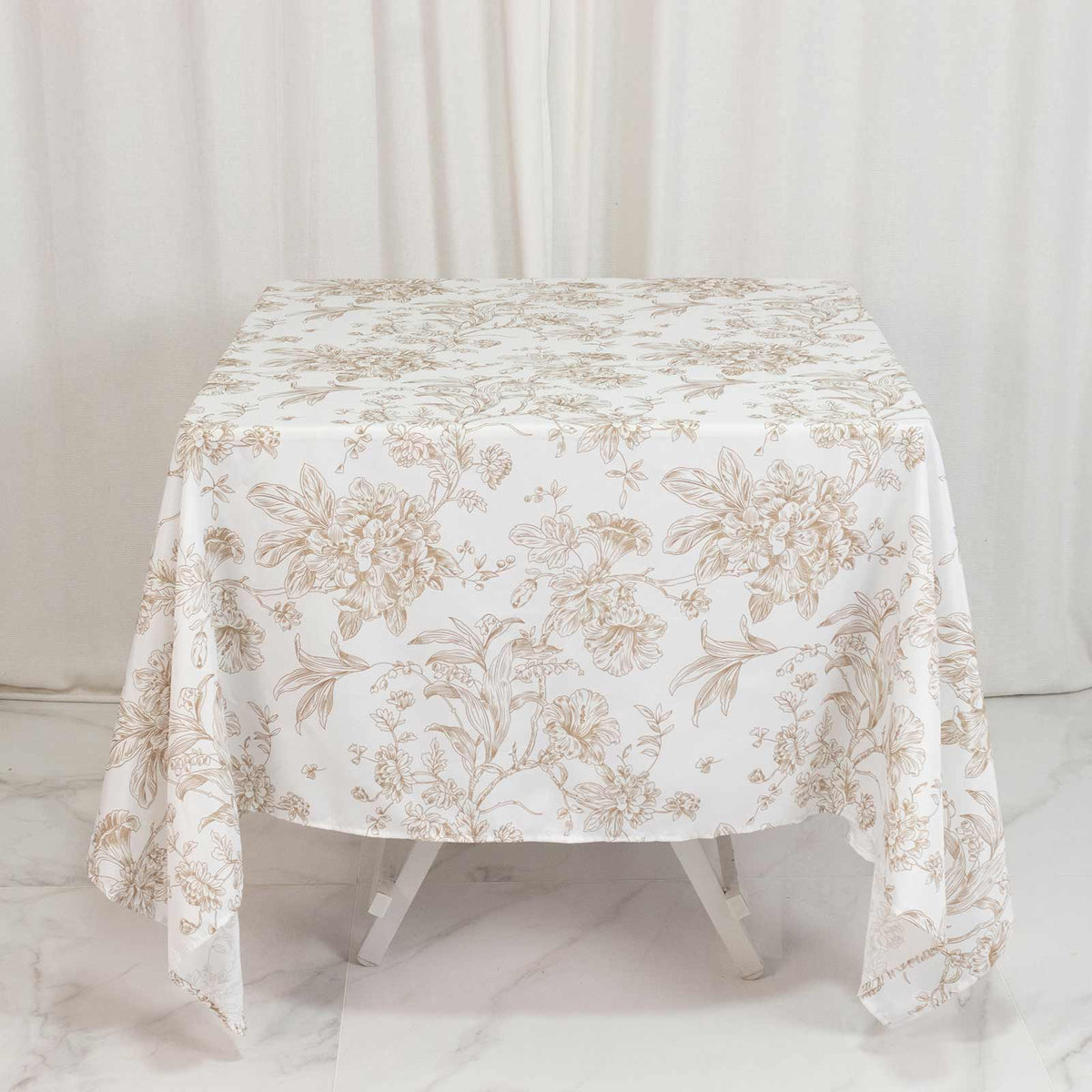 Polyester 70"x70" Square Tablecloth White - Taupe French Toile Pattern for Elegant Occasions