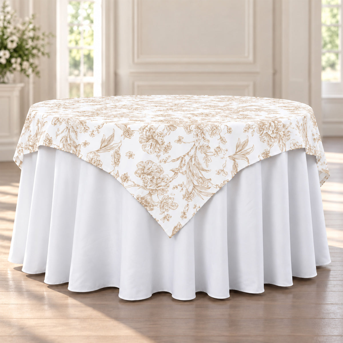 Polyester 70"x70" Table Overlay White - Taupe French Toile Pattern for Stylish Events