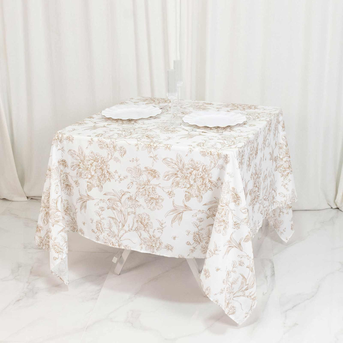 Polyester 70"x70" Square Tablecloth White - Taupe French Toile Pattern for Elegant Occasions
