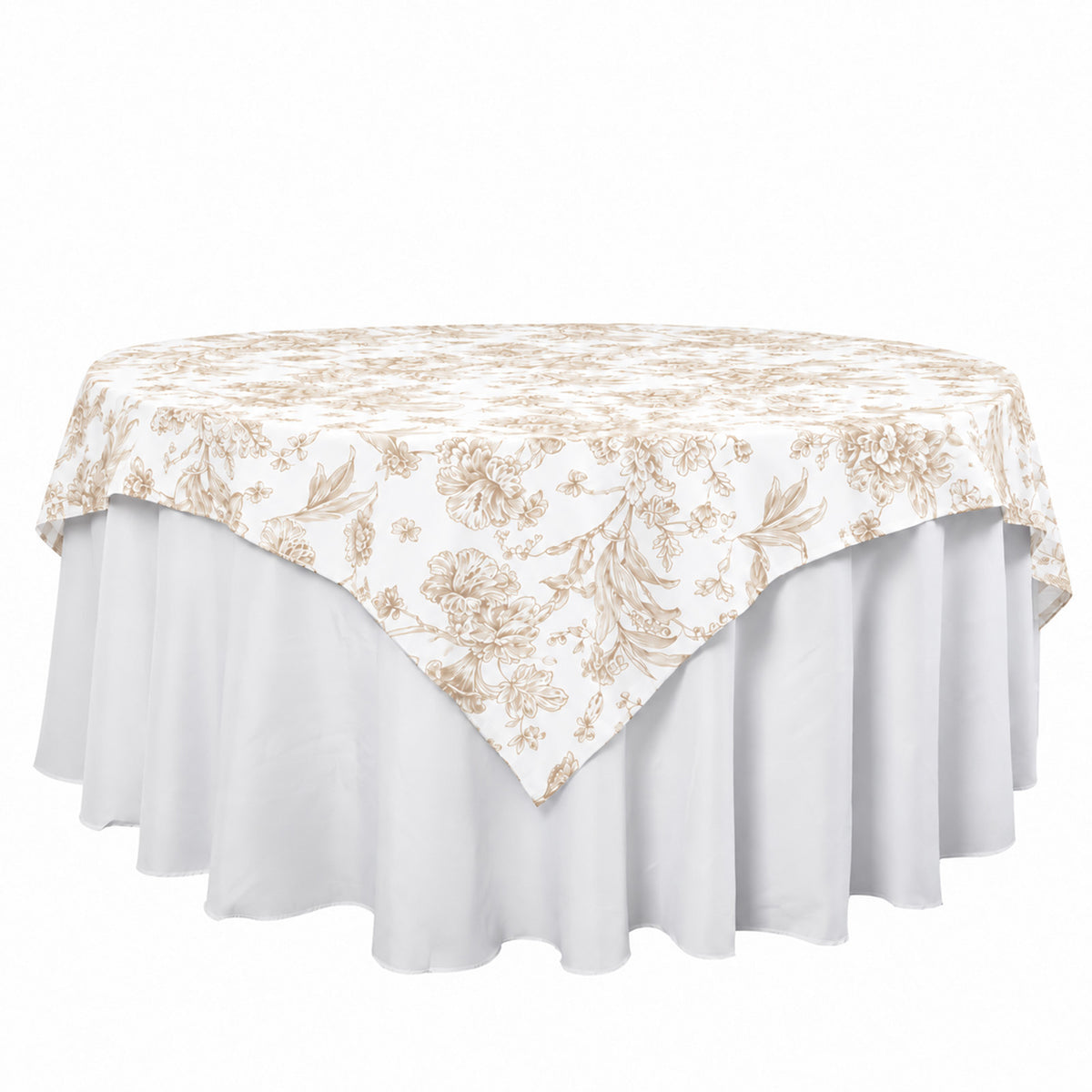 Polyester 70"x70" Table Overlay White - Taupe French Toile Pattern for Stylish Events