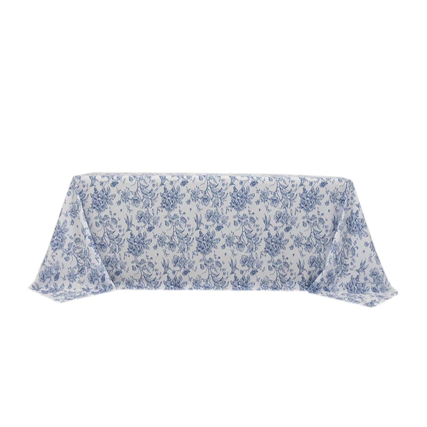 90"x132" White Blue French Toile Polyester Tablecloth, Seamless Floral Rectangle Table Cover for 6 Foot Tables With Floor-Length Drop