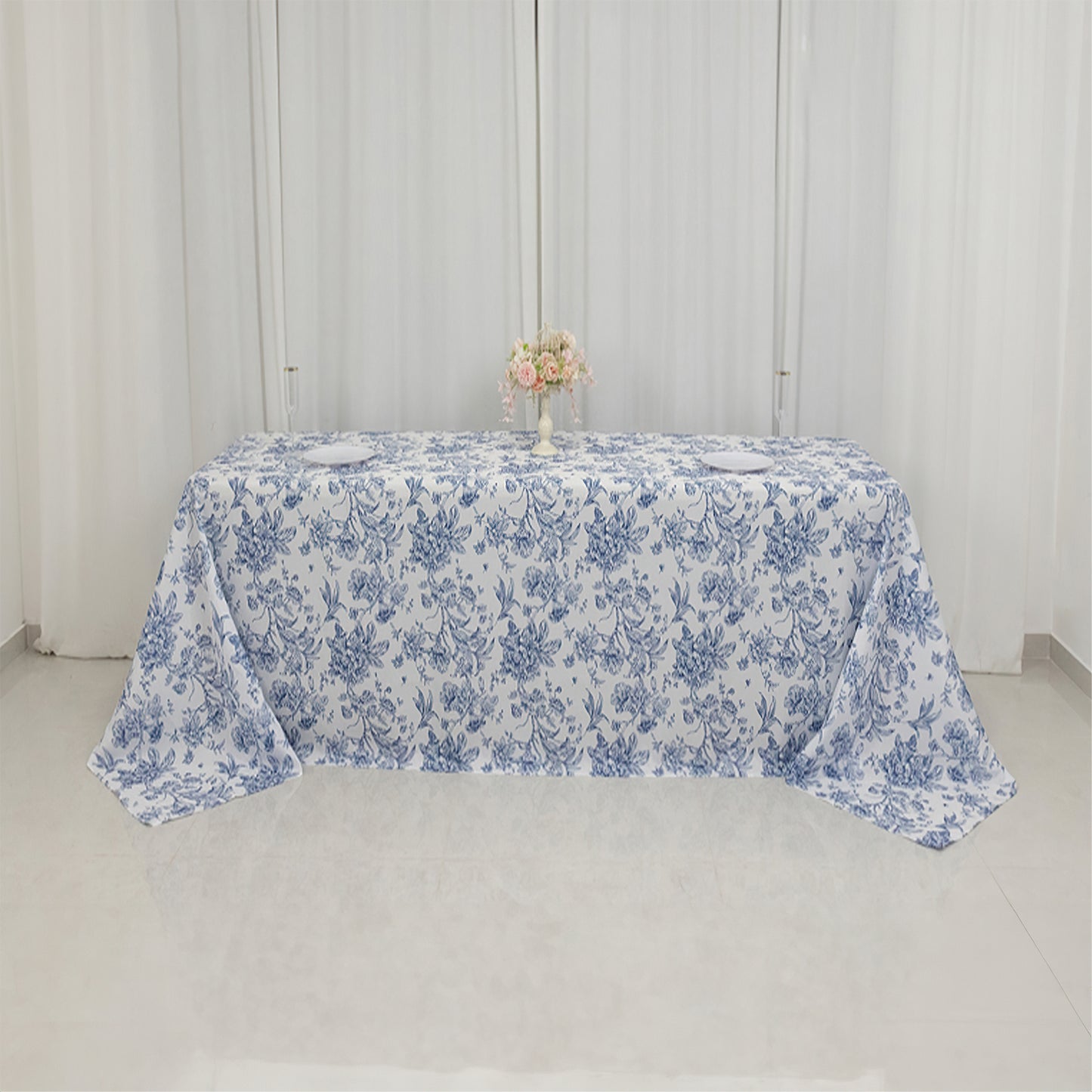 90"x132" White Blue French Toile Polyester Tablecloth, Seamless Floral Rectangle Table Cover for 6 Foot Tables With Floor-Length Drop