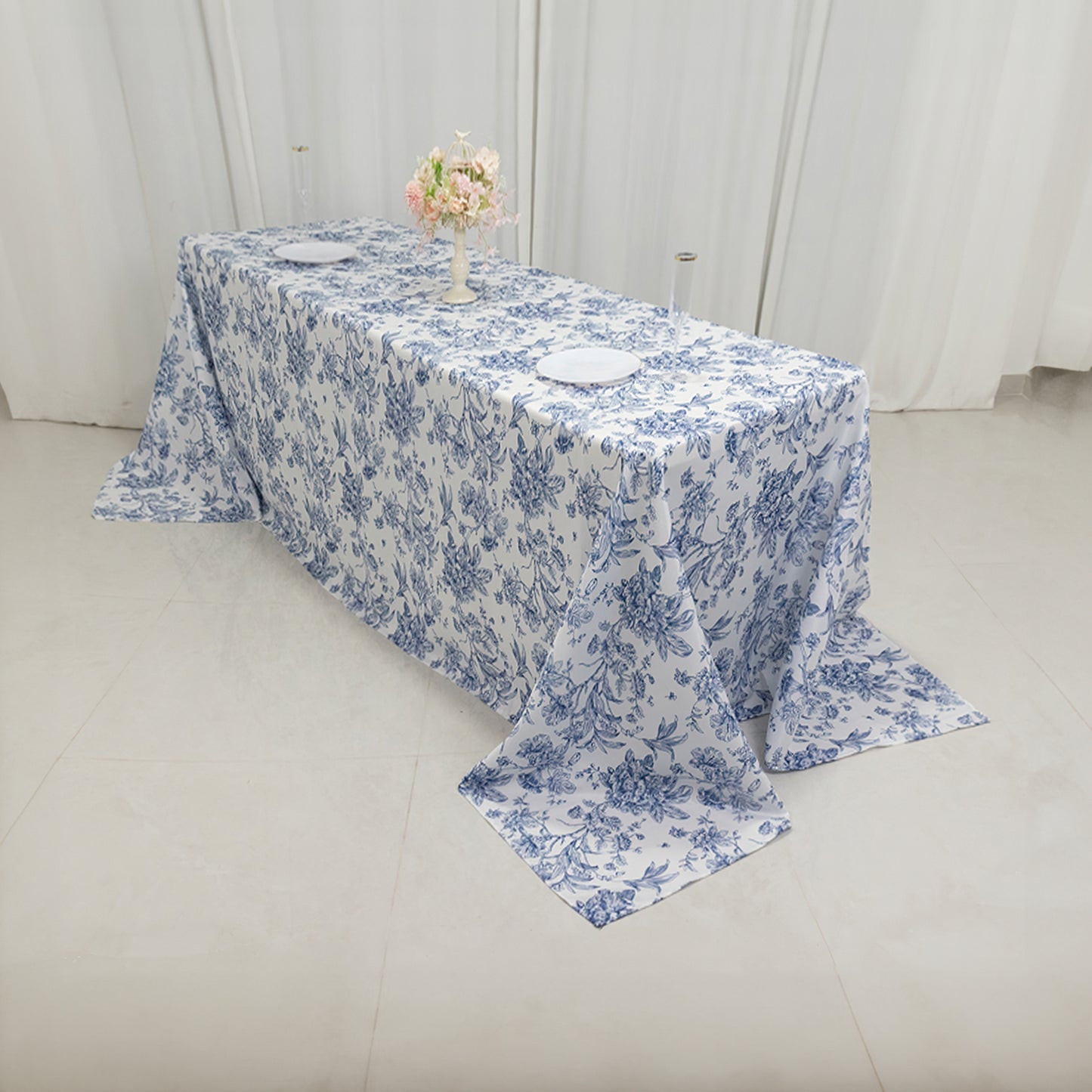 90"x132" White Blue French Toile Polyester Tablecloth, Seamless Floral Rectangle Table Cover for 6 Foot Tables With Floor-Length Drop