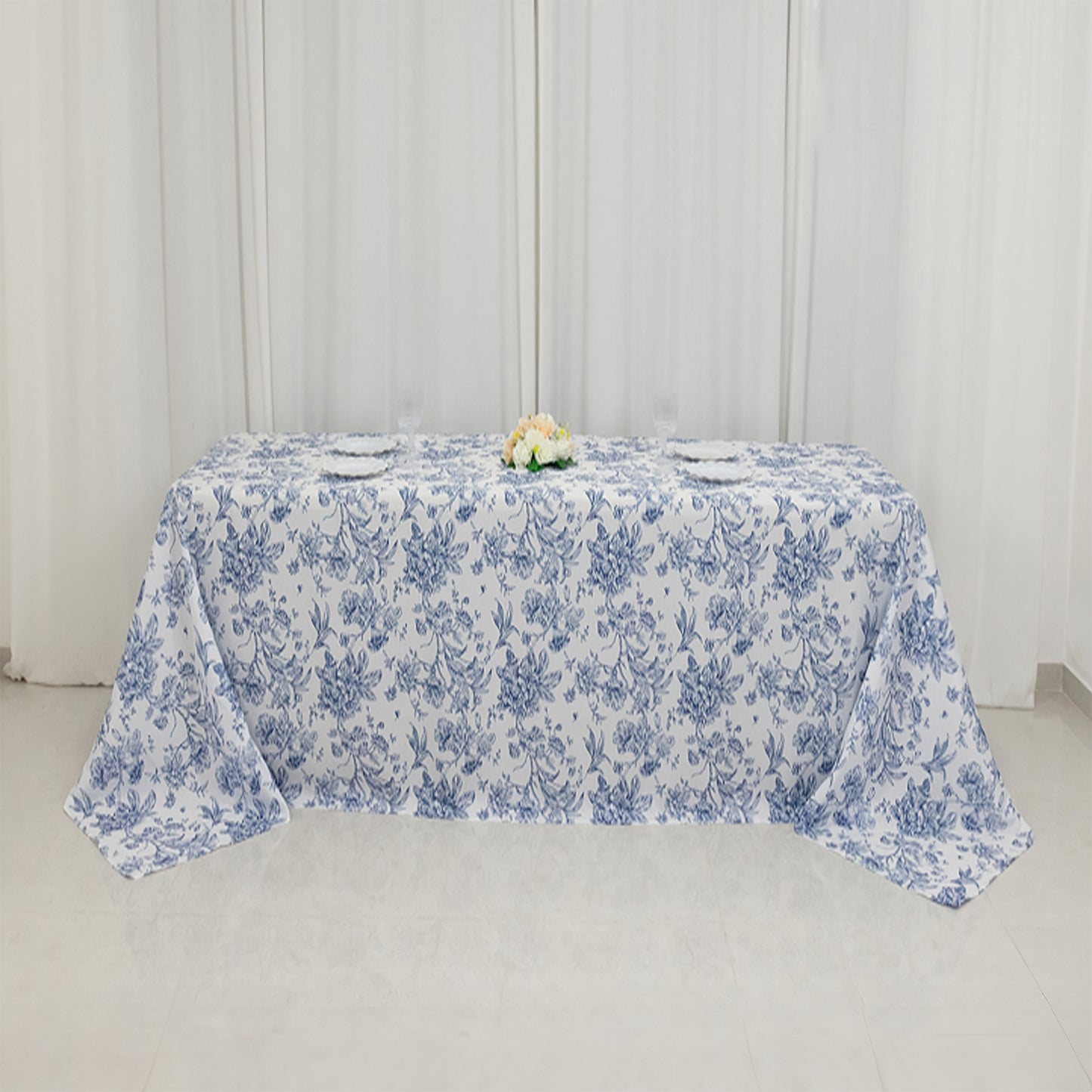 90"x132" White Blue French Toile Polyester Tablecloth, Seamless Floral Rectangle Table Cover for 6 Foot Tables With Floor-Length Drop