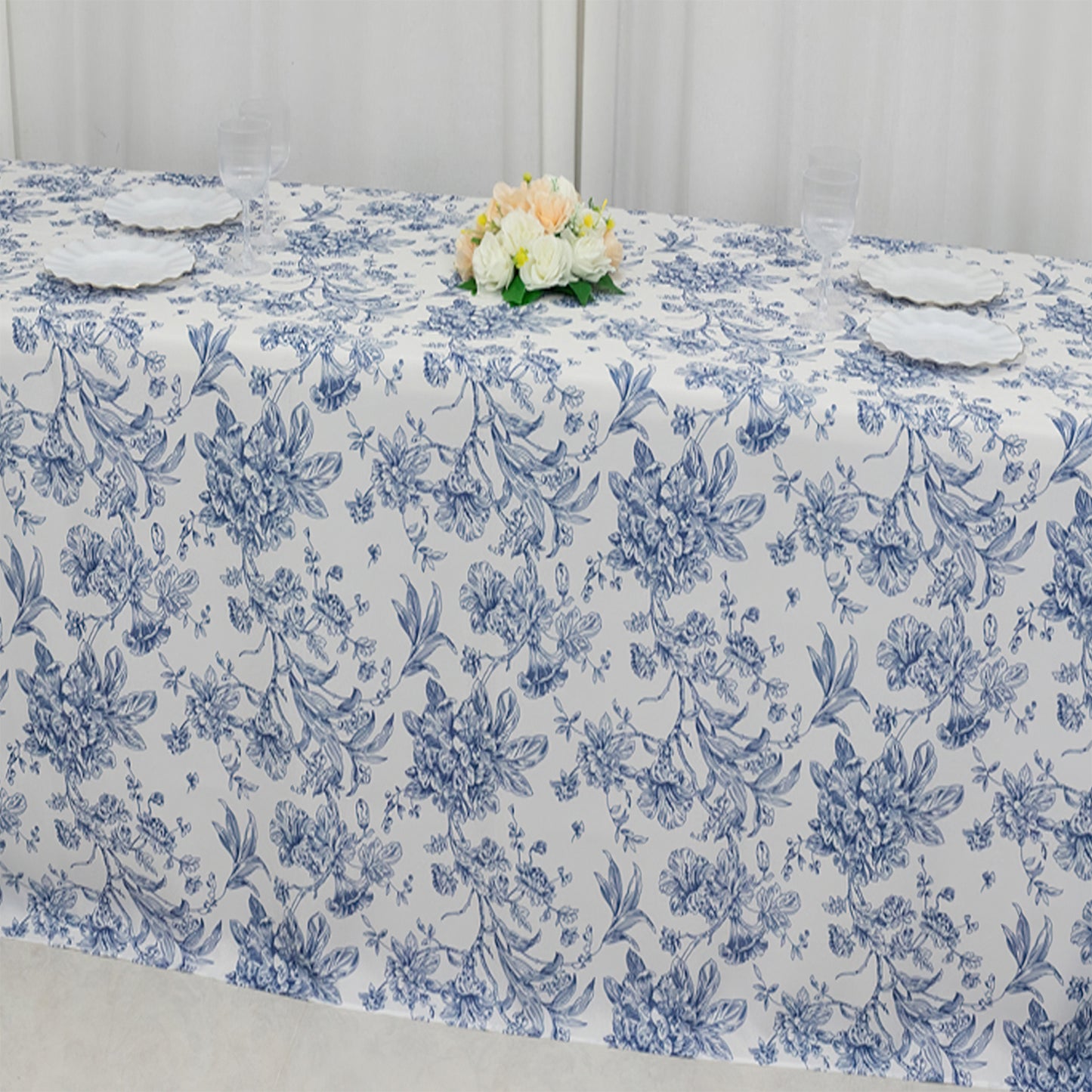 90"x132" White Blue French Toile Polyester Tablecloth, Seamless Floral Rectangle Table Cover for 6 Foot Tables With Floor-Length Drop