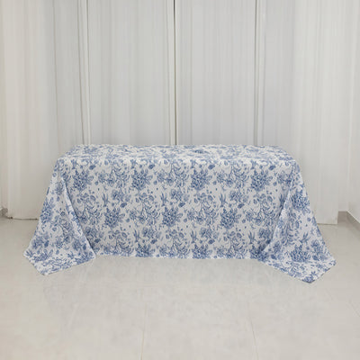 White Blue French Toile Polyester Tablecloth 90"x132"