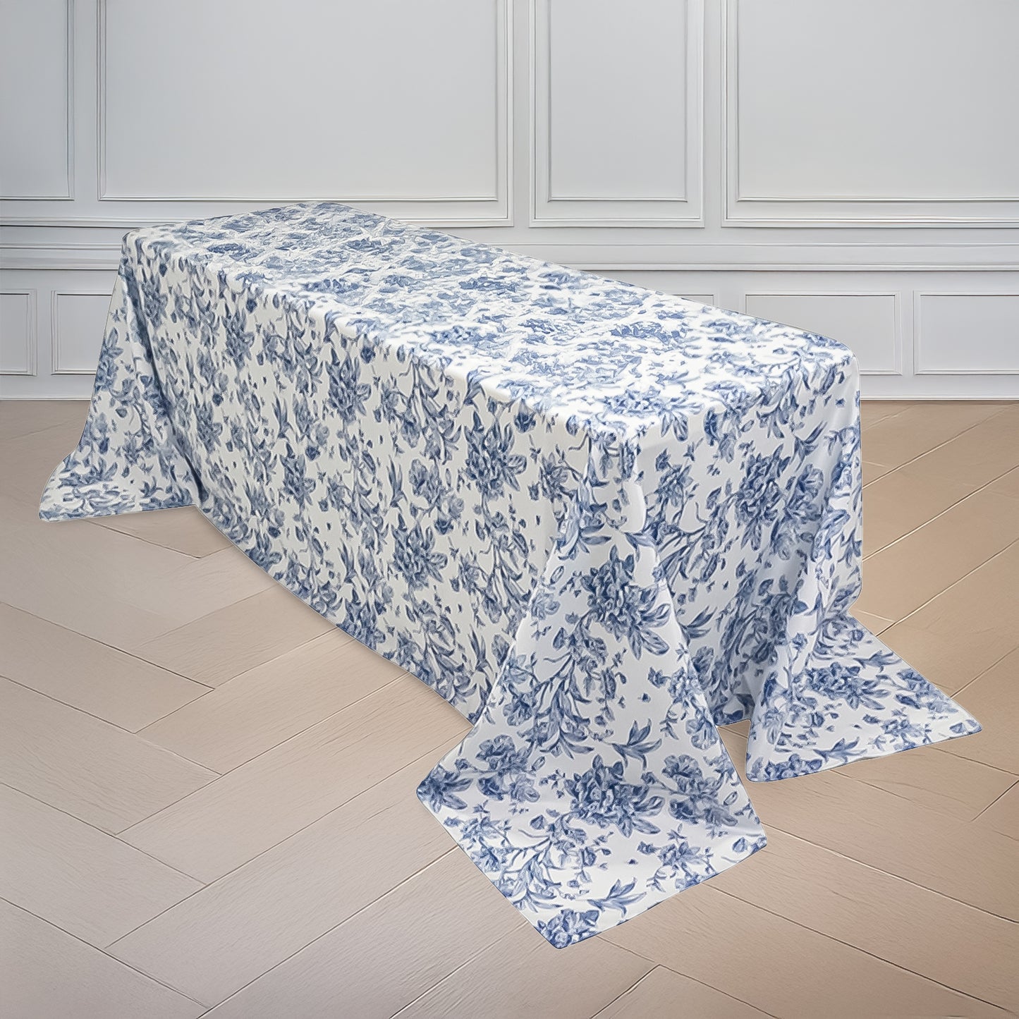 90"x132" White Blue French Toile Polyester Tablecloth, Seamless Floral Rectangle Table Cover for 6 Foot Tables With Floor-Length Drop