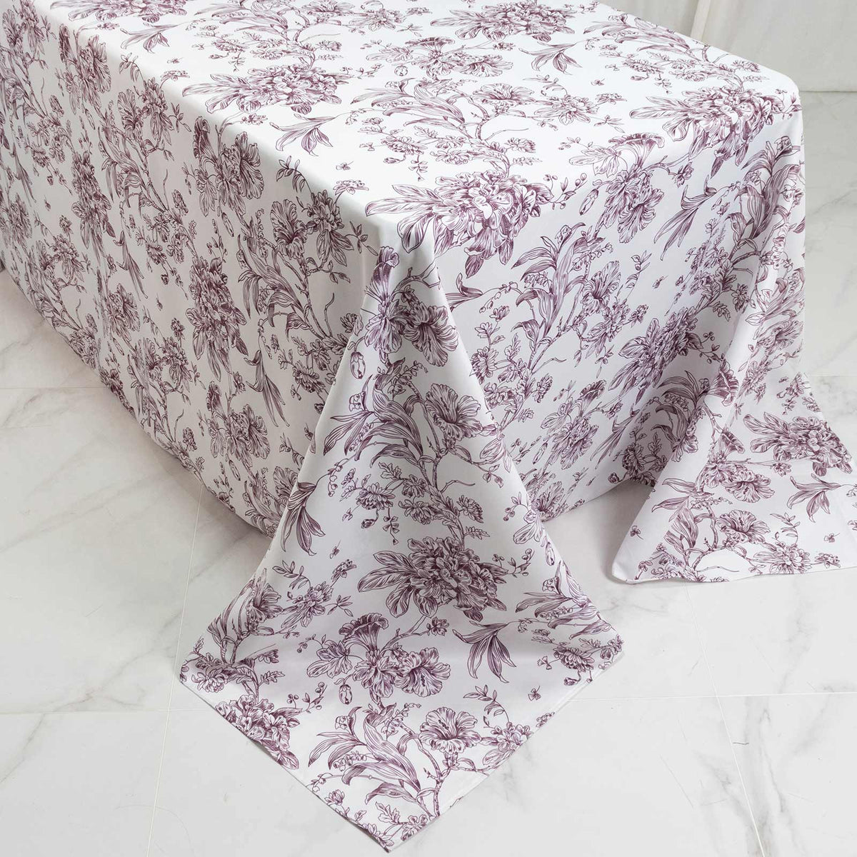 Polyester 90"x132" Rectangle Tablecloth White - Seamless Burgundy French Toile Pattern for Formal Ce