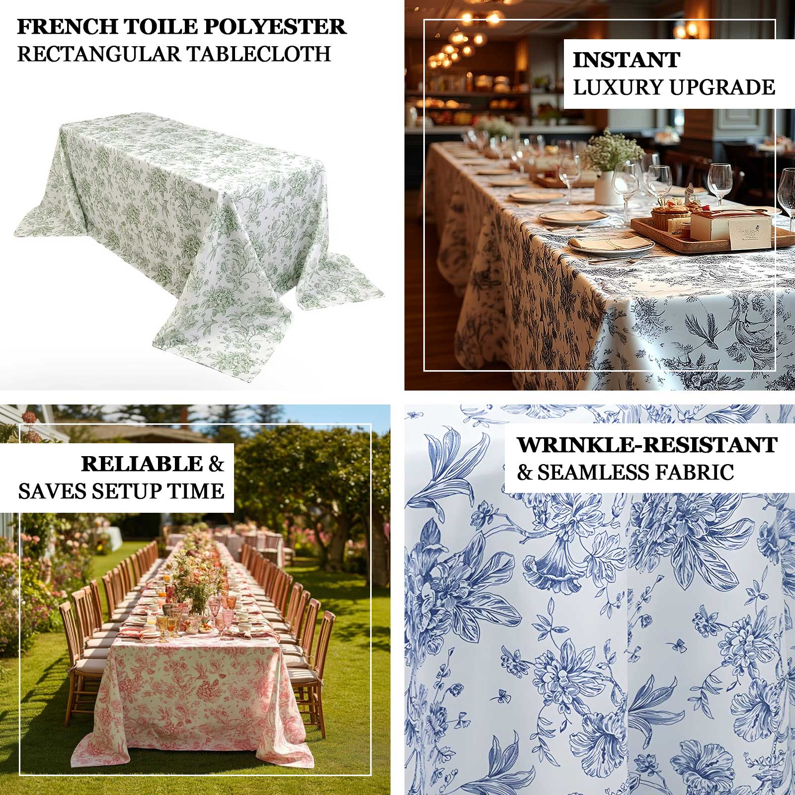 90"x132" French Toile Polyester Tablecloth, Seamless Floral Rectangle Table Cover