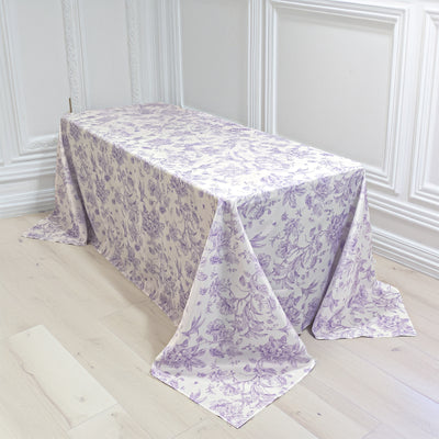 Premium White Polyester Tablecloth with Lavender French Toile Pattern (90"x132")