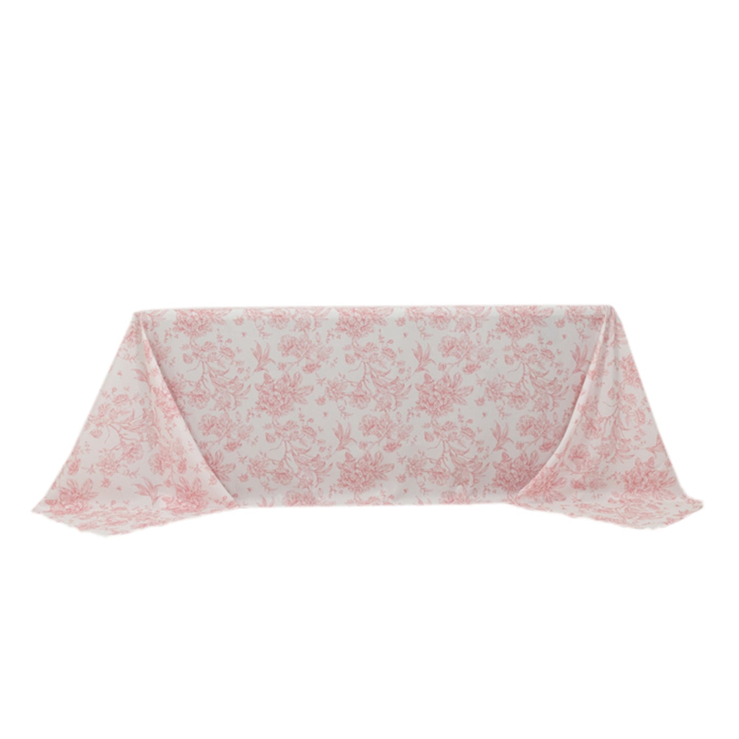 90"x132" White Pink French Toile Polyester Tablecloth, Seamless Floral Rectangle Table Cover for 6 Foot Tables With Floor-Length Drop