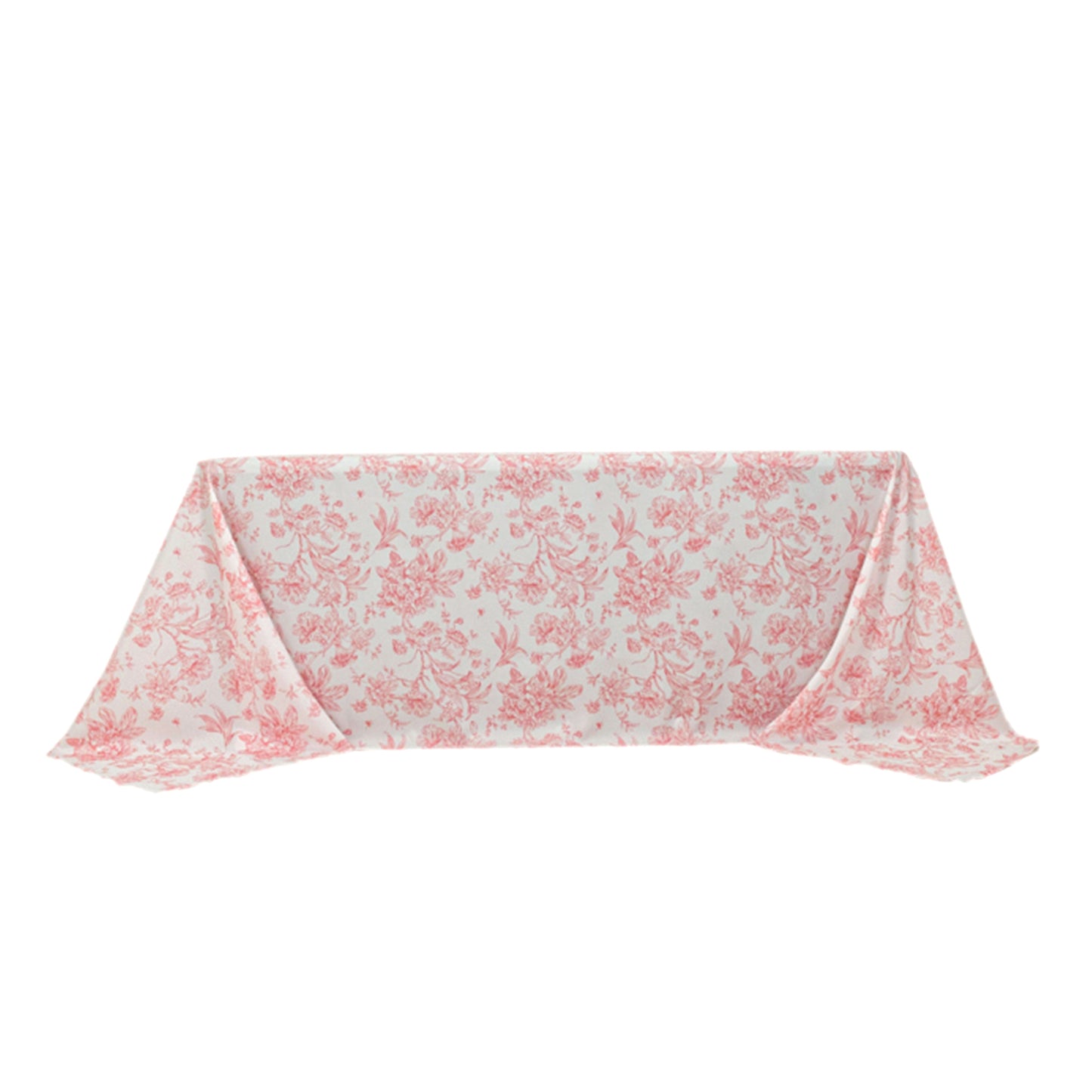 90"x132" White Pink French Toile Polyester Tablecloth, Seamless Floral Rectangle Table Cover for 6 Foot Tables With Floor-Length Drop