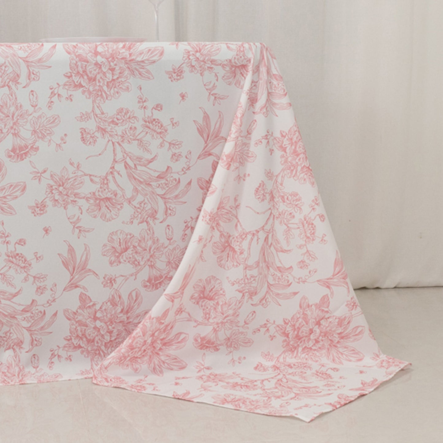 90"x132" White Pink French Toile Polyester Tablecloth, Seamless Floral Rectangle Table Cover for 6 Foot Tables With Floor-Length Drop