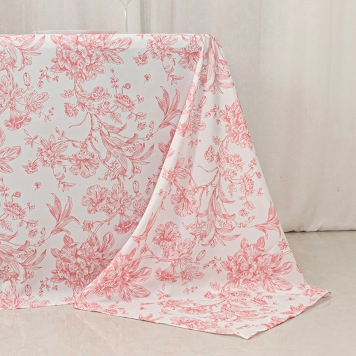 90"x132" White Pink French Toile Polyester Tablecloth, Seamless Floral Rectangle Table Cover for 6 Foot Tables With Floor-Length Drop