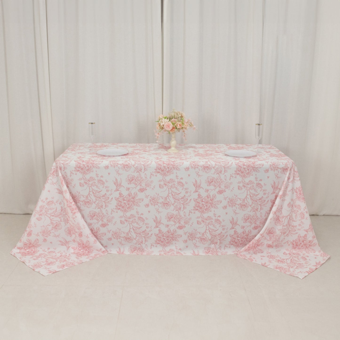 90"x132" White Pink French Toile Polyester Tablecloth, Seamless Floral Rectangle Table Cover for 6 Foot Tables With Floor-Length Drop