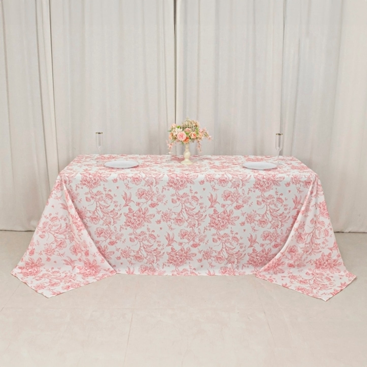 90"x132" White Pink French Toile Polyester Tablecloth, Seamless Floral Rectangle Table Cover for 6 Foot Tables With Floor-Length Drop