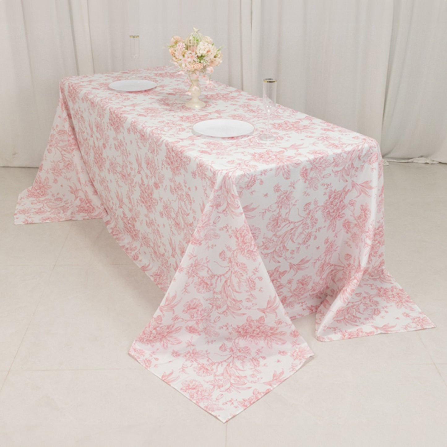 90"x132" White Pink French Toile Polyester Tablecloth, Seamless Floral Rectangle Table Cover for 6 Foot Tables With Floor-Length Drop