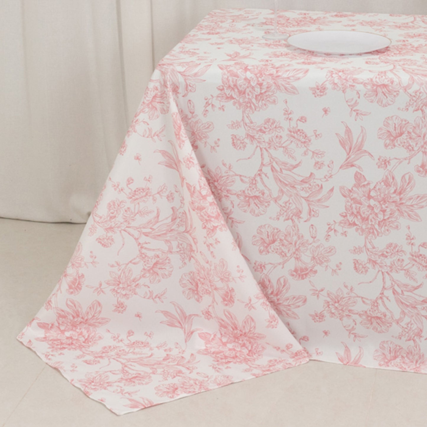 90"x132" White Pink French Toile Polyester Tablecloth, Seamless Floral Rectangle Table Cover for 6 Foot Tables With Floor-Length Drop