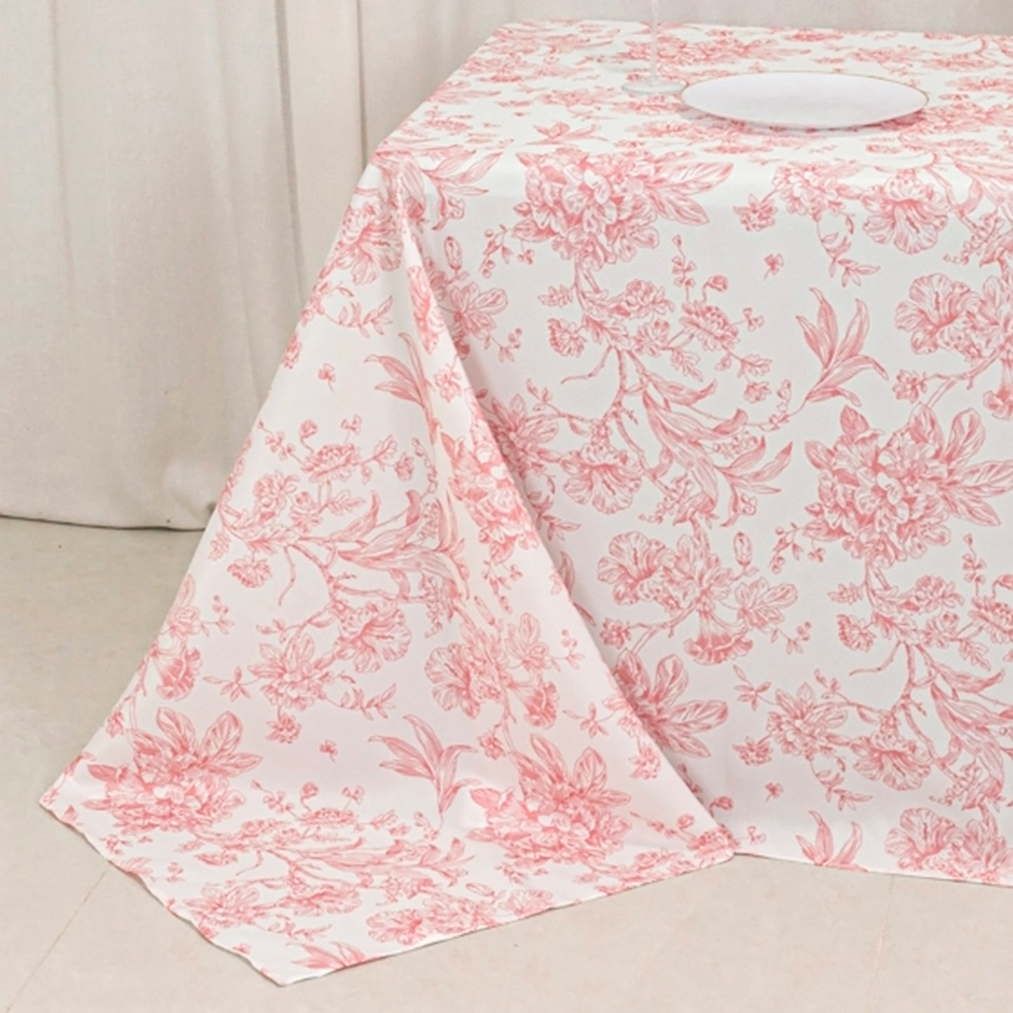 90"x132" White Pink French Toile Polyester Tablecloth, Seamless Floral Rectangle Table Cover for 6 Foot Tables With Floor-Length Drop