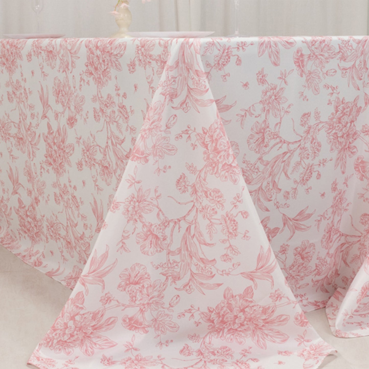 90"x132" White Pink French Toile Polyester Tablecloth, Seamless Floral Rectangle Table Cover for 6 Foot Tables With Floor-Length Drop