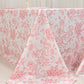 90"x132" White Pink French Toile Polyester Tablecloth, Seamless Floral Rectangle Table Cover for 6 Foot Tables With Floor-Length Drop