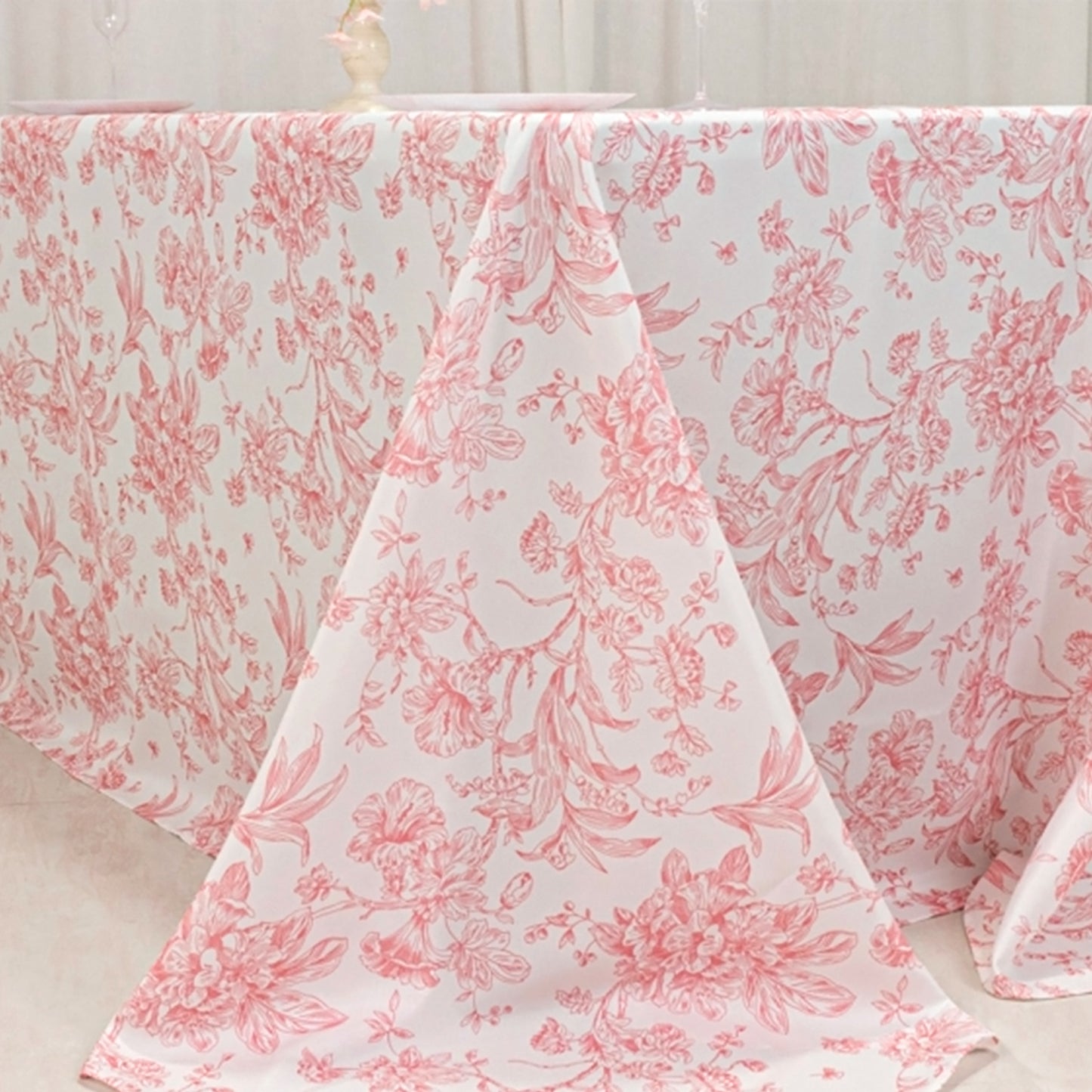 90"x132" White Pink French Toile Polyester Tablecloth, Seamless Floral Rectangle Table Cover for 6 Foot Tables With Floor-Length Drop