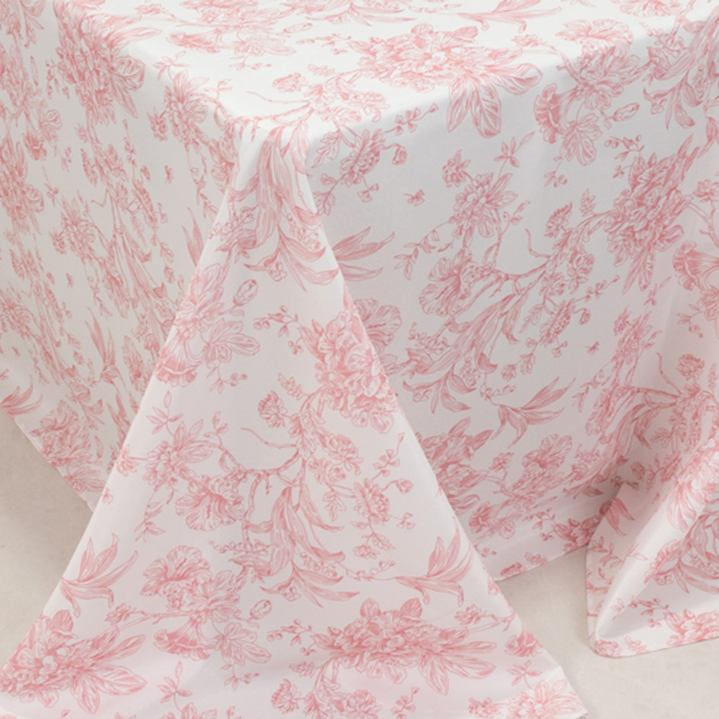 90"x132" White Pink French Toile Polyester Tablecloth, Seamless Floral Rectangle Table Cover for 6 Foot Tables With Floor-Length Drop