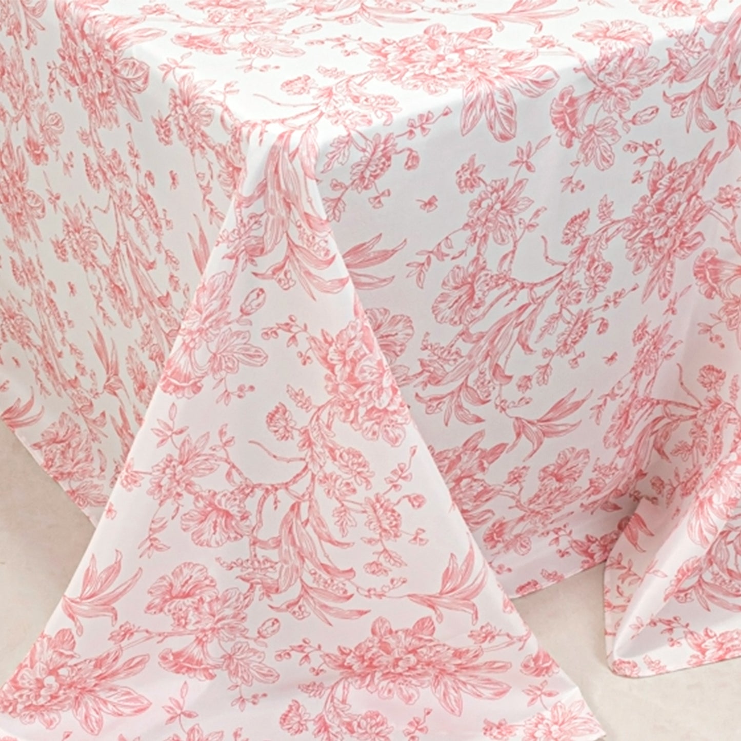 90"x132" White Pink French Toile Polyester Tablecloth, Seamless Floral Rectangle Table Cover for 6 Foot Tables With Floor-Length Drop