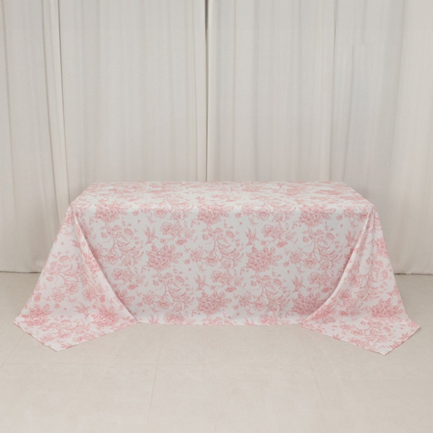 90"x132" White Pink French Toile Polyester Tablecloth, Seamless Floral Rectangle Table Cover for 6 Foot Tables With Floor-Length Drop