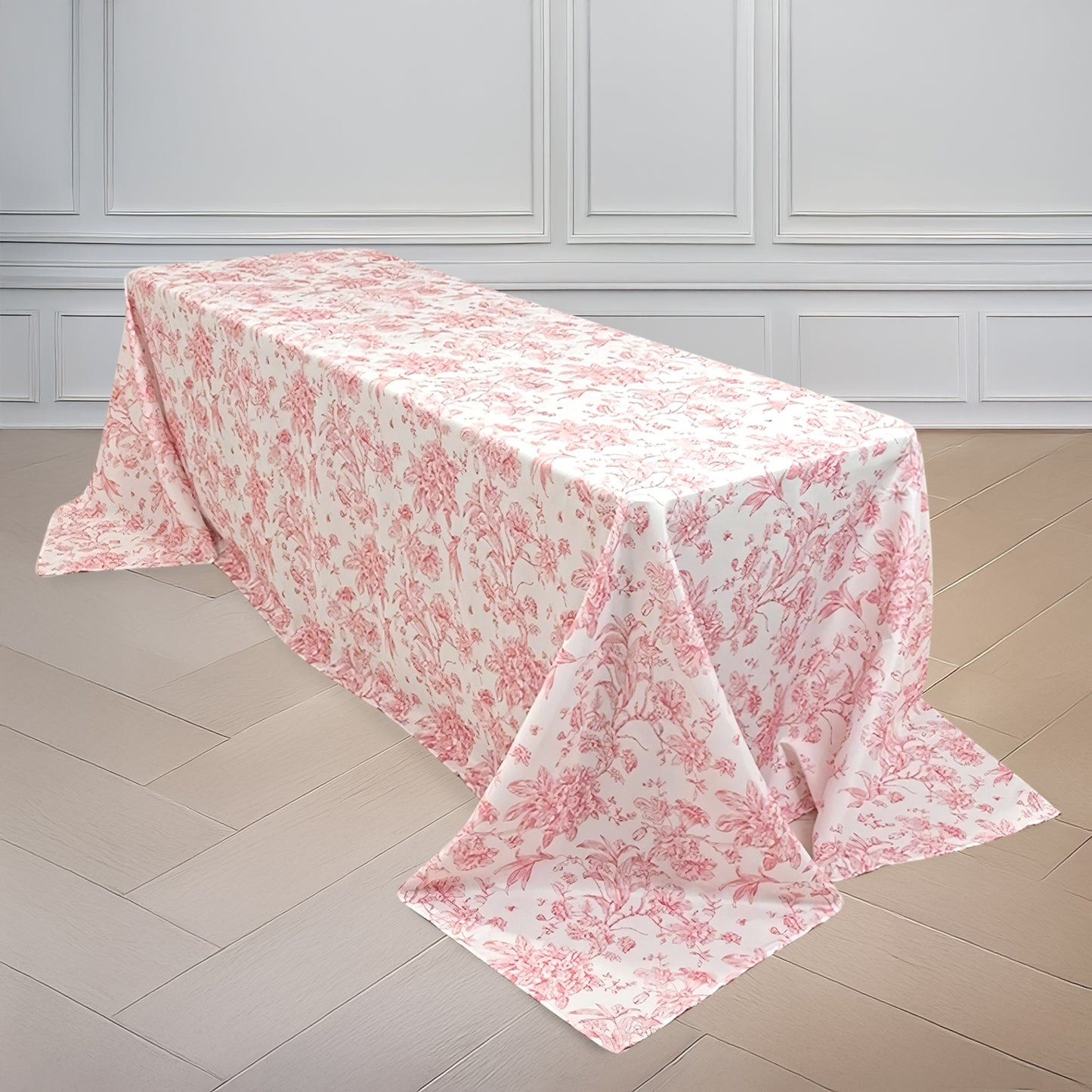 90"x132" White Pink French Toile Polyester Tablecloth, Seamless Floral Rectangle Table Cover for 6 Foot Tables With Floor-Length Drop