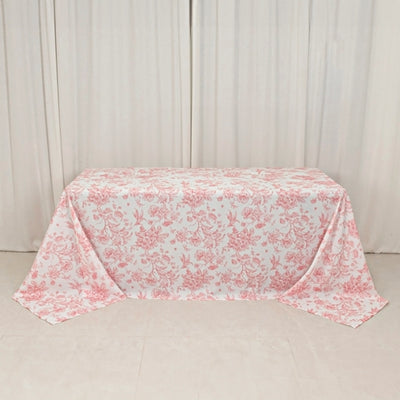 White Pink French Toile Polyester Tablecloth 90"x132"