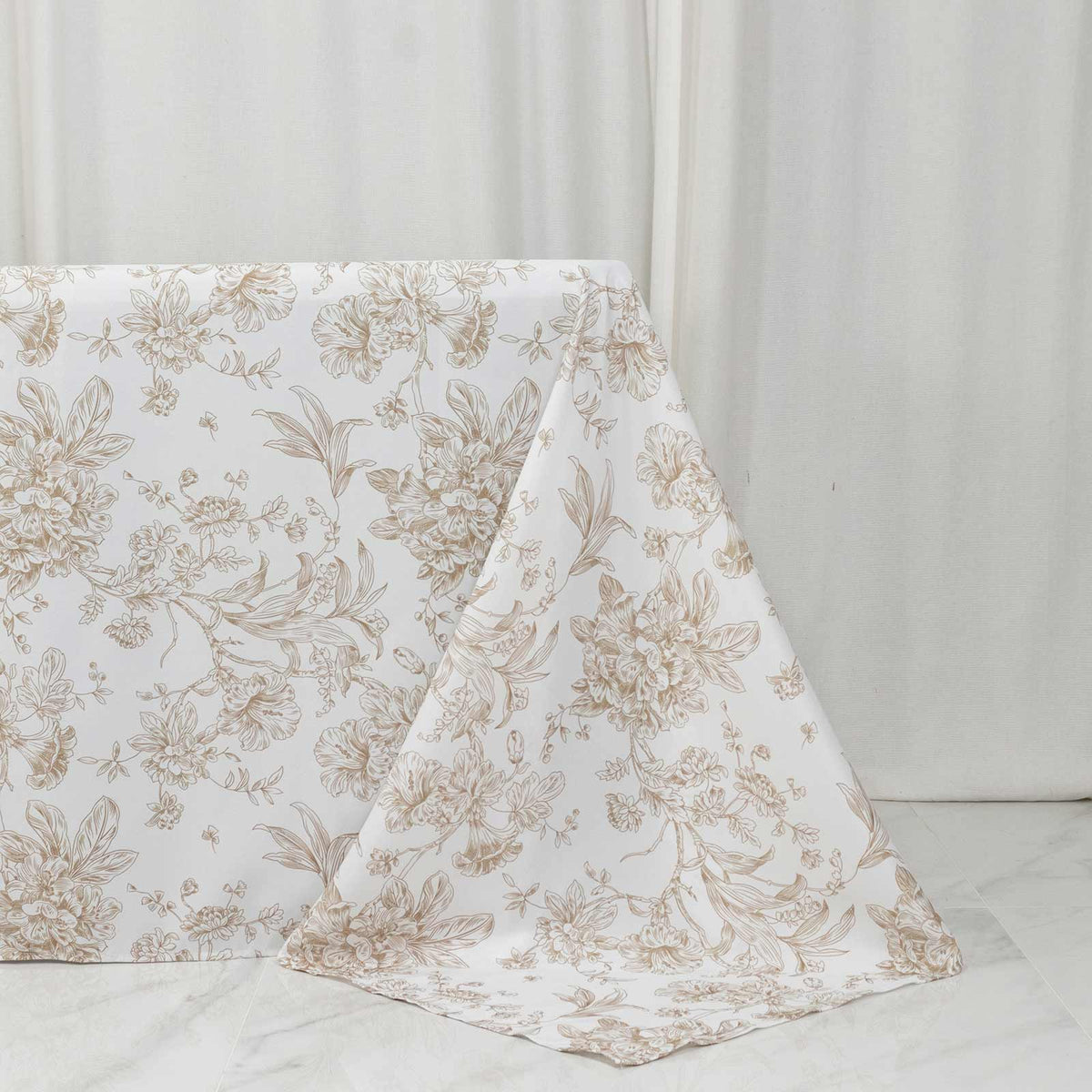 Polyester 90"x132" Rectangle Tablecloth White - Seamless Taupe French Toile Pattern for Formal Celeb