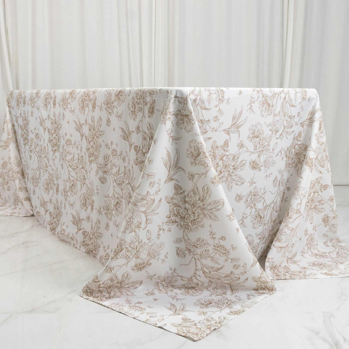 Polyester 90"x132" Rectangle Tablecloth White - Seamless Taupe French Toile Pattern for Formal Celeb