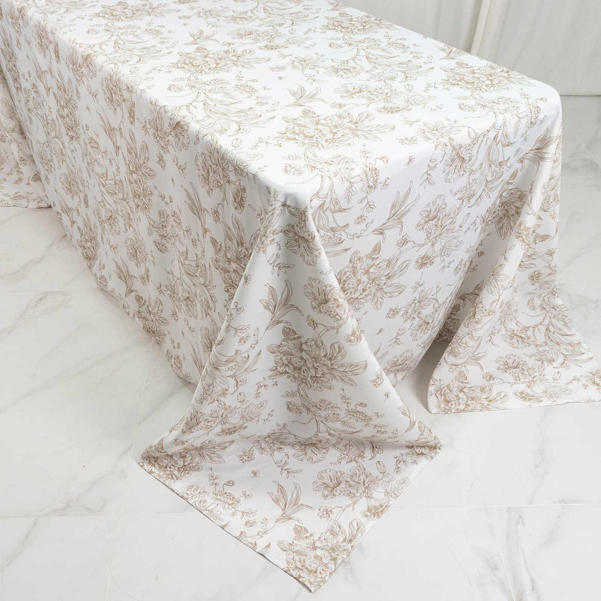 Polyester 90"x132" Rectangle Tablecloth White - Seamless Taupe French Toile Pattern for Formal Celeb