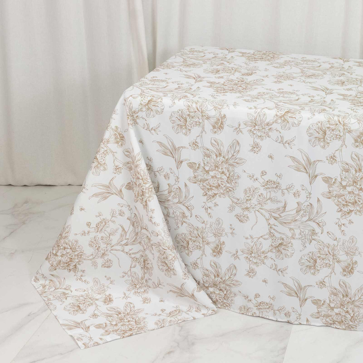 Polyester 90"x132" Rectangle Tablecloth White - Seamless Taupe French Toile Pattern for Formal Celeb