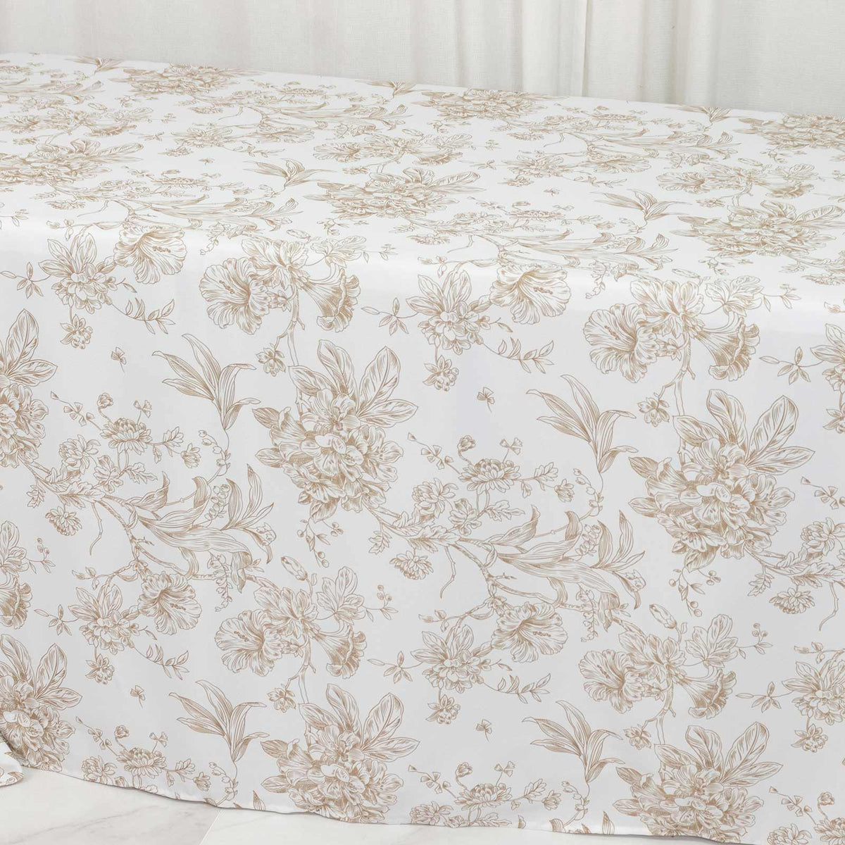 Polyester 90"x132" Rectangle Tablecloth White - Seamless Taupe French Toile Pattern for Formal Celeb