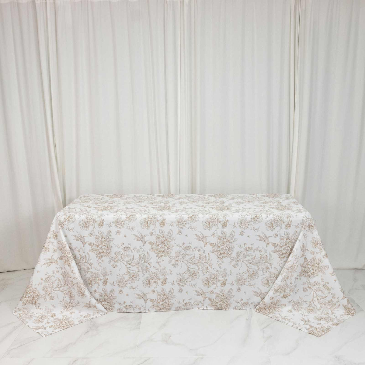 Polyester 90"x132" Rectangle Tablecloth White - Seamless Taupe French Toile Pattern for Formal Celeb