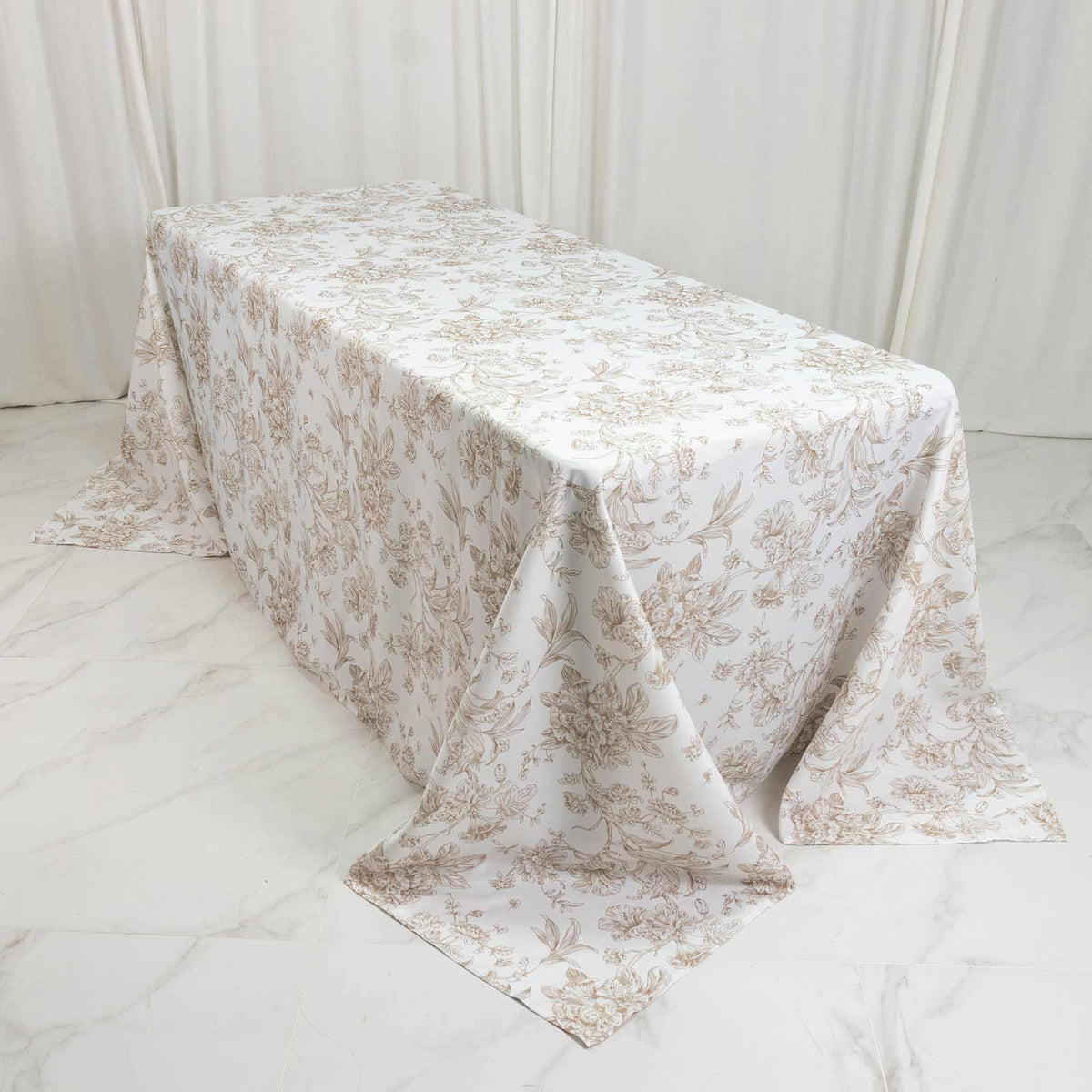 Polyester 90"x132" Rectangle Tablecloth White - Seamless Taupe French Toile Pattern for Formal Celeb