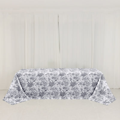 Premium White Polyester Tablecloth with Black French Toile Pattern