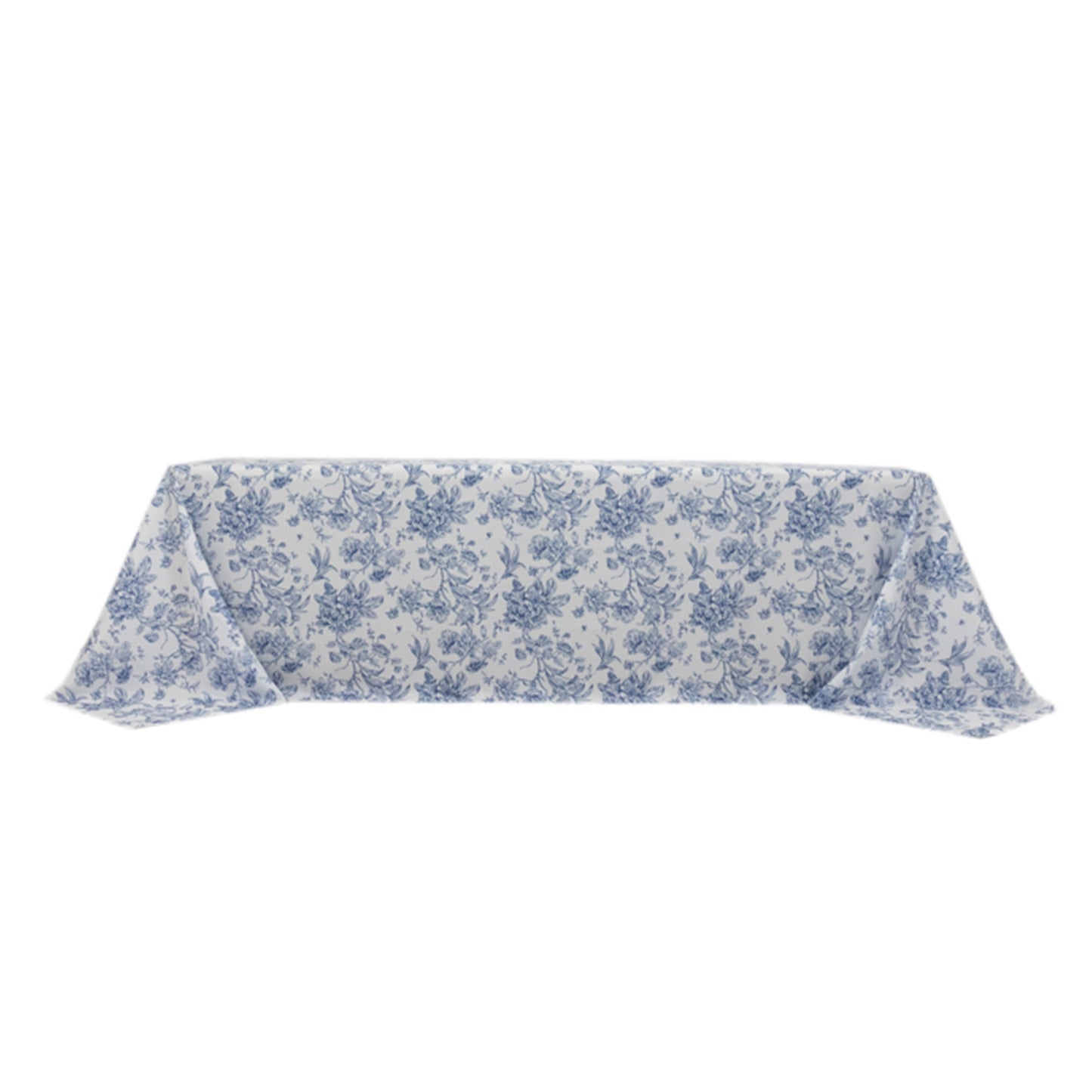 90"x156" White Blue French Toile Polyester Tablecloth, Seamless Floral Rectangle Table Cover for 8 Foot Tables With Floor-Length Drop