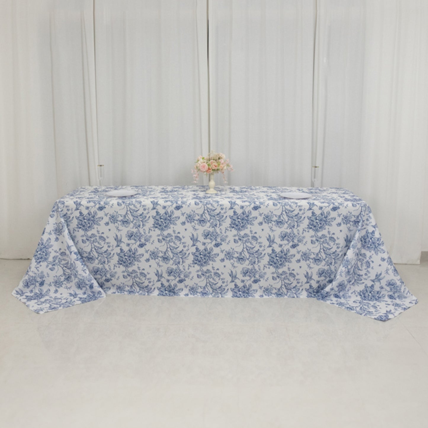 90"x156" White Blue French Toile Polyester Tablecloth, Seamless Floral Rectangle Table Cover for 8 Foot Tables With Floor-Length Drop