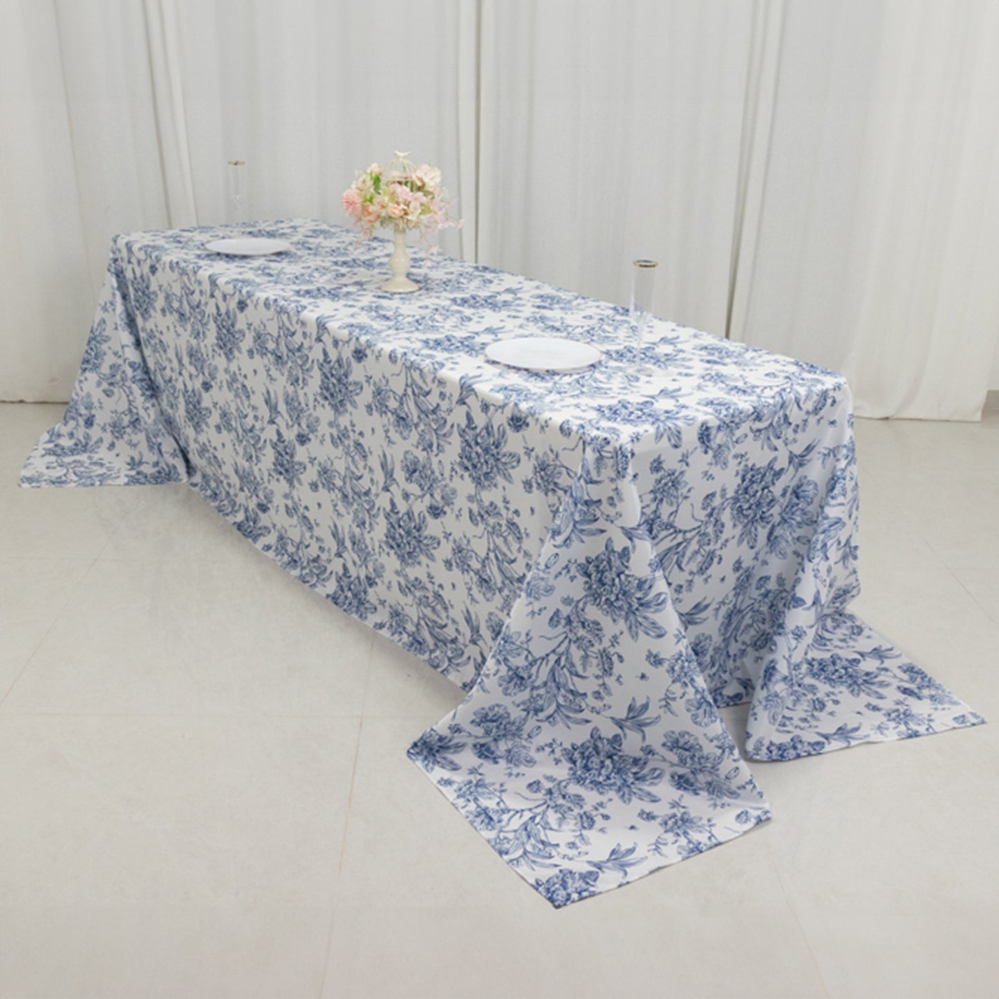 90"x156" White Blue French Toile Polyester Tablecloth, Seamless Floral Rectangle Table Cover for 8 Foot Tables With Floor-Length Drop