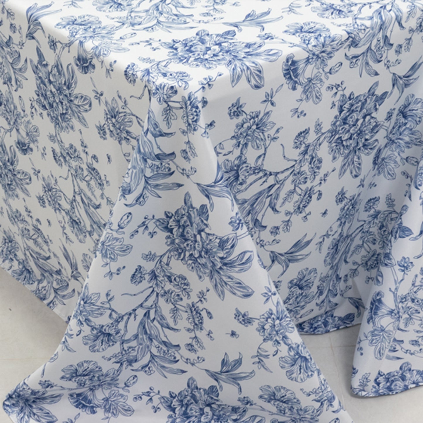 90"x156" White Blue French Toile Polyester Tablecloth, Seamless Floral Rectangle Table Cover for 8 Foot Tables With Floor-Length Drop