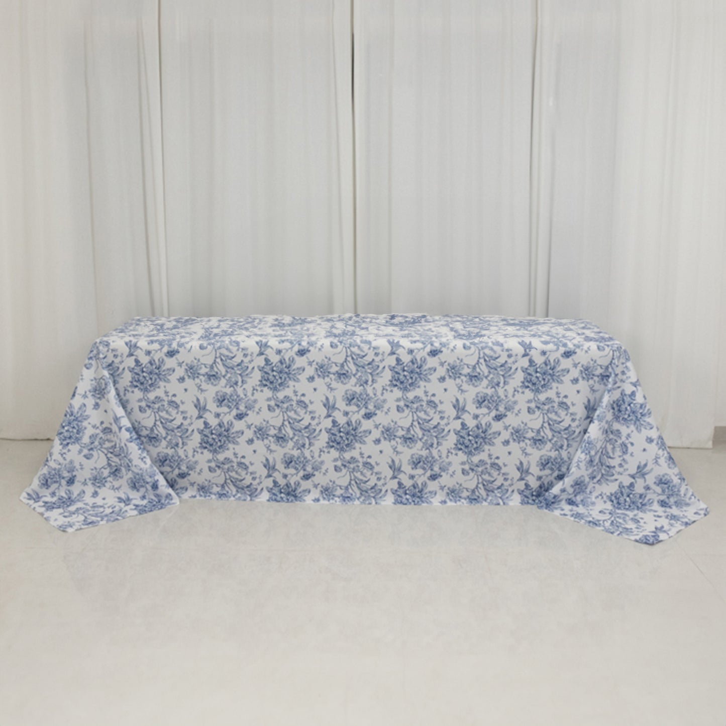 90"x156" White Blue French Toile Polyester Tablecloth, Seamless Floral Rectangle Table Cover for 8 Foot Tables With Floor-Length Drop