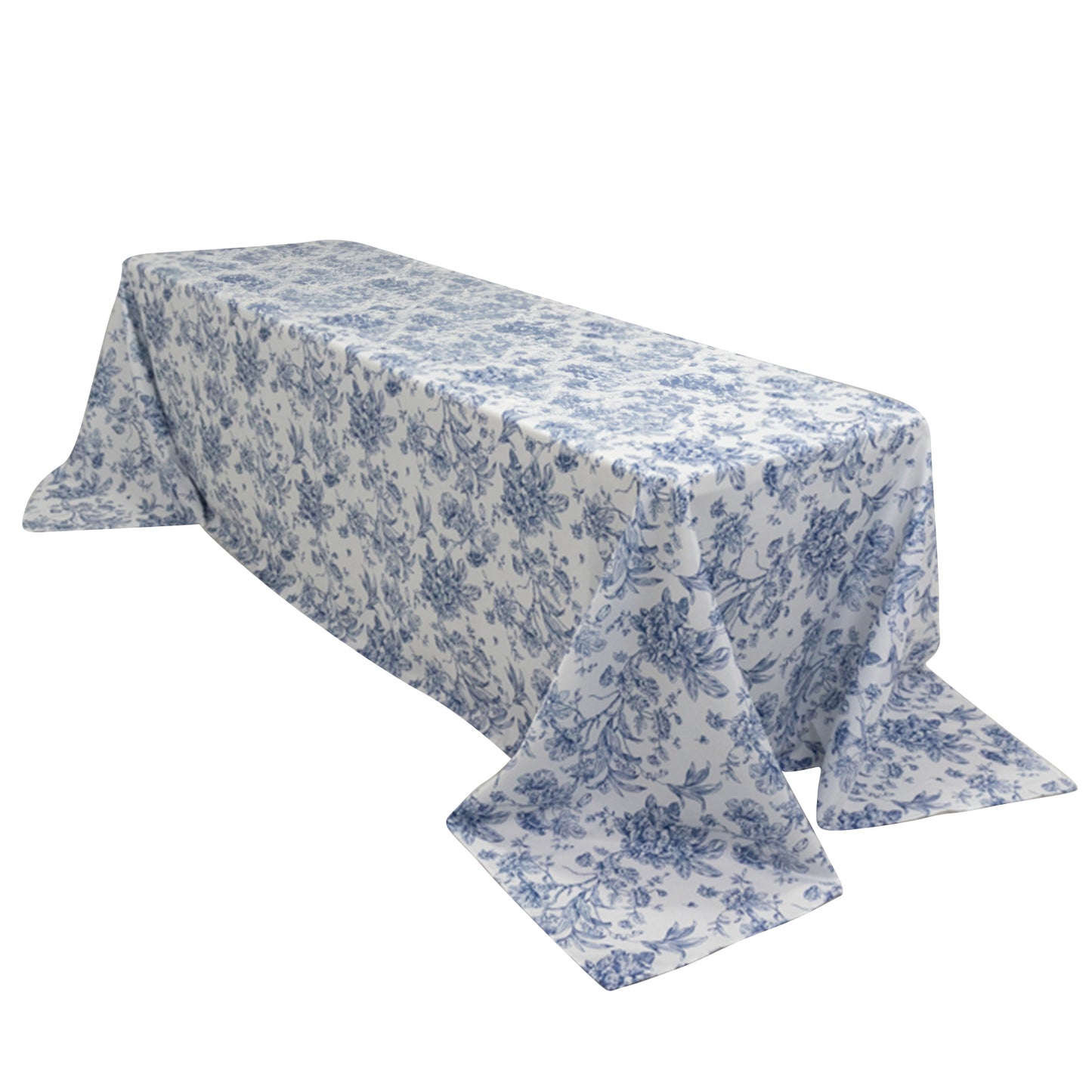 90"x156" White Blue French Toile Polyester Tablecloth, Seamless Floral Rectangle Table Cover for 8 Foot Tables With Floor-Length Drop