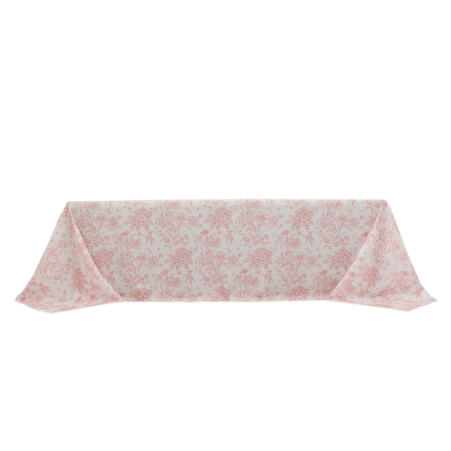 90"x156" White Pink French Toile Polyester Tablecloth, Seamless Floral Rectangle Table Cover for 8 Foot Tables With Floor-Length Drop