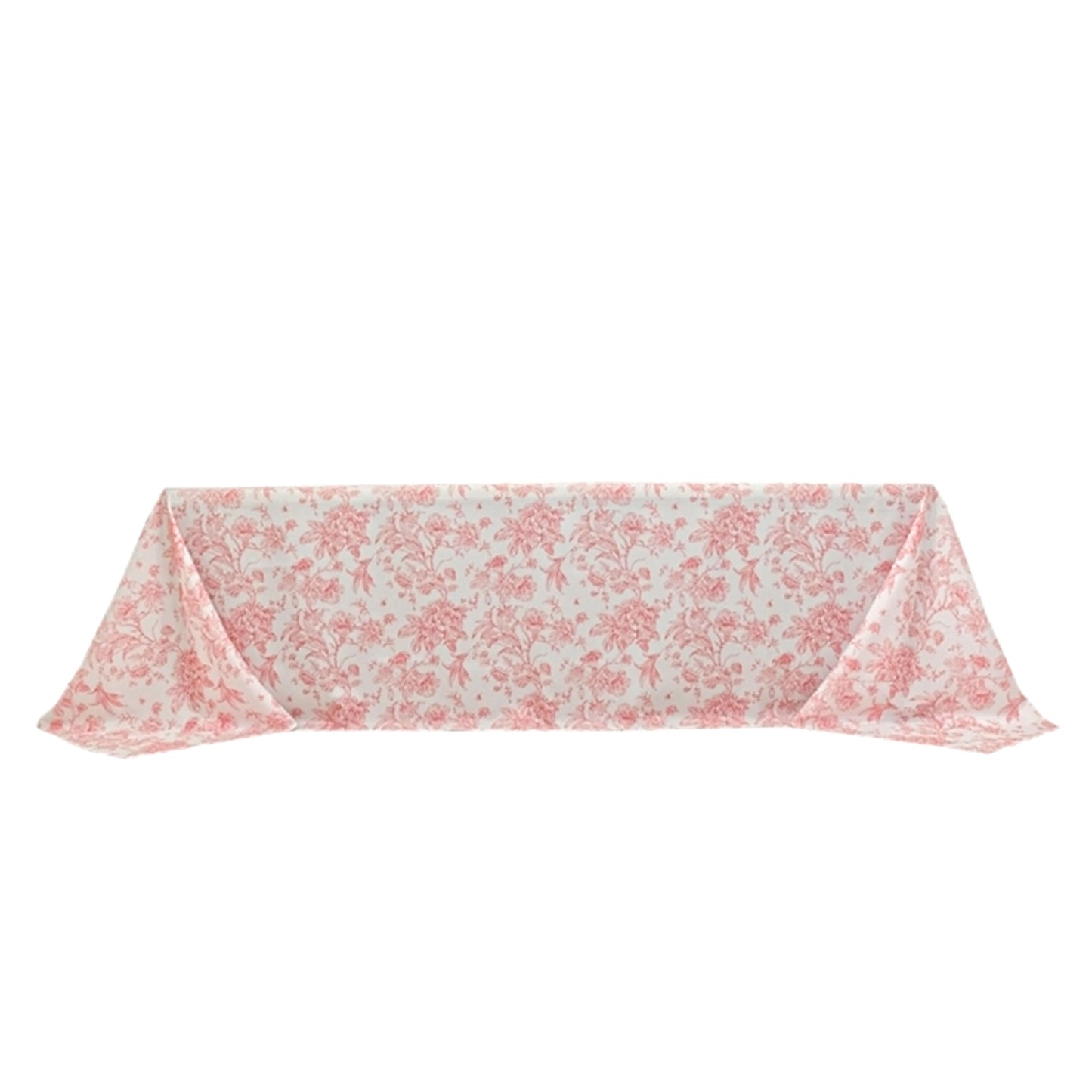 90"x156" White Pink French Toile Polyester Tablecloth, Seamless Floral Rectangle Table Cover for 8 Foot Tables With Floor-Length Drop