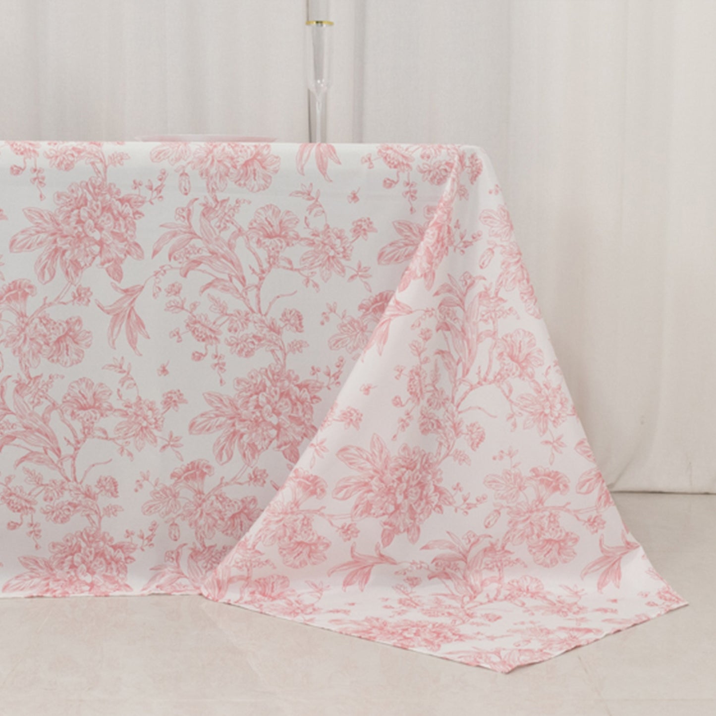 90"x156" White Pink French Toile Polyester Tablecloth, Seamless Floral Rectangle Table Cover for 8 Foot Tables With Floor-Length Drop